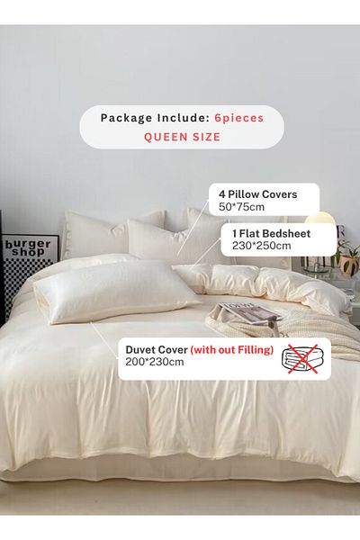 LUNA HOME Queen size 6 piece bedding set without filling, washable cotton milky white color 200x230cm.
