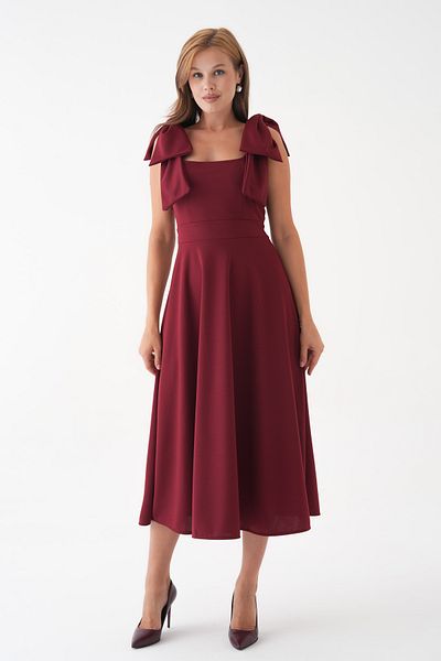 lovebox Stretchy Crepe Fabric Strapless Neckline Tie-Up Strap Detail Flared Cut Midi Length Burgundy Evening Dress 77127