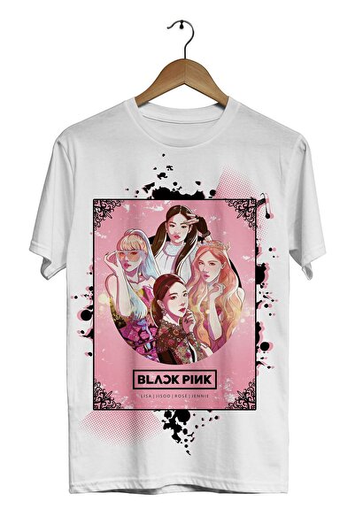 donamod Tricou unisex alb cu imprimeu digital BlackPink -Square Pink