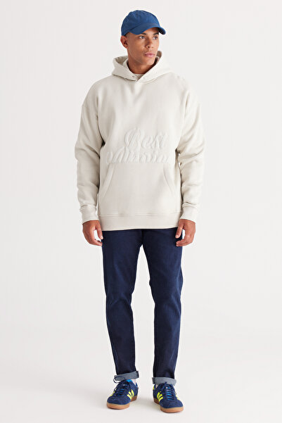 AC&Co / Altınyıldız Classics Erkek Bej Oversize Fit Bol Kesim Kapüşonlu Içi Polarlı 3 Iplik Baskılı Sweatshirt