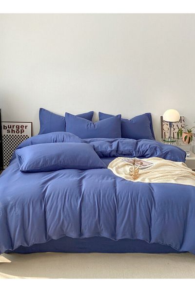 LUNA HOME طقم سرير كينج سايز مكون من 6 قطع بدون حشوة، قطن قابل للغسل، اللون الأزرق، 220×240 سم.