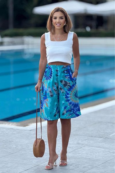 Nevin Kaya Moda SHORT SINGLE Albastru cu model etnic