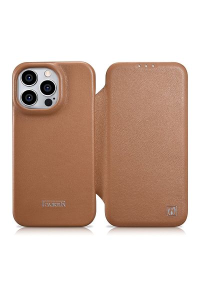 ICARER Husă din piele premium MagSafe CE cu clapă magnetică pentru iPhone 14 Pro, maro deschis