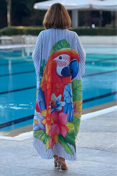 Nevin Kaya Moda Striped Boho Bird Print Loose Dress