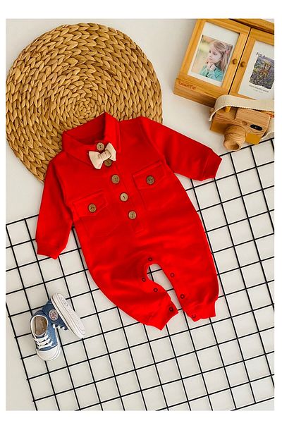 BEBENAZ Red Color Bow Pocket Bottom Snap Top Button Baby Jumpsuit