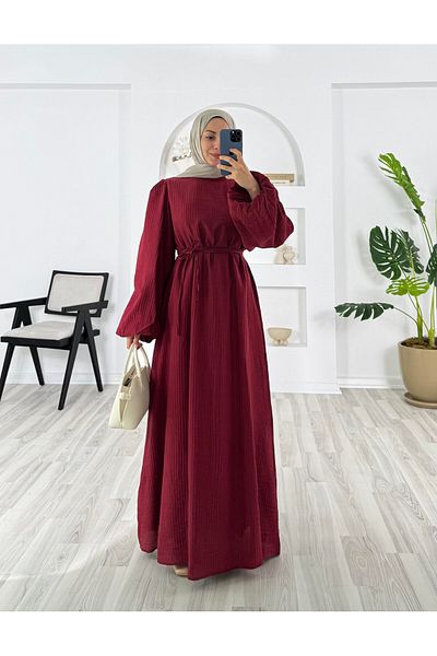 EFSUN MODA Pi̇seli̇ Vrn Polyester Fabric Lined - Balloon Sleeve Judge Collar Belt Dress