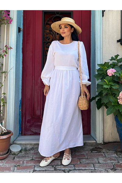 KÜÇÜĞÜM BUTİK Φόρεμα Hijab Λευκό Μουσελίνα με Συγκεντρωμένη Μέση
