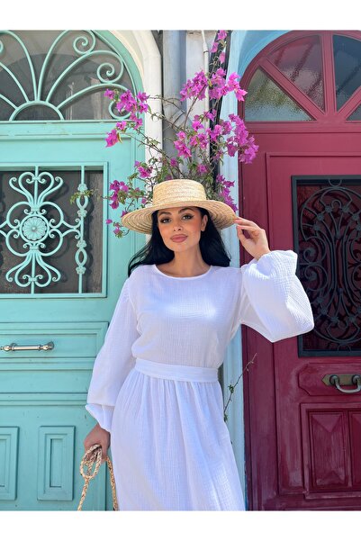 KÜÇÜĞÜM BUTİK Φόρεμα Hijab Λευκό Μουσελίνα με Συγκεντρωμένη Μέση