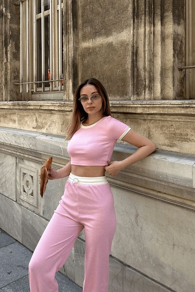 Zerenyus Pants and Piping Crop 2 Piece Set Pink