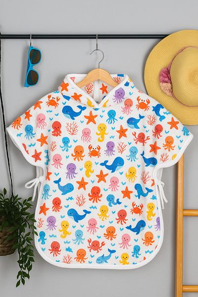 S&R Towel Baby Children's Poncho Beach Towel with Hood and Tie Fish Pattern
