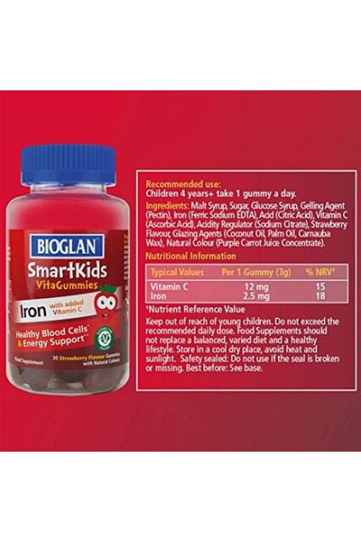 BIOGLAN SmartKids Iron with Vitamin C Energy Gummies - 30 Yummy Chewy Gummies for Enhanced Immunity