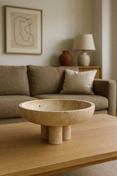 Modestmar Ivory Travertine Bowl, Travertine Decorative Bowl, Travertine Plate 26cm Cylinder Leg