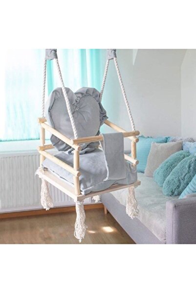 Springos Leagan pentru copii, lemn, perna inima albastru deschis, 33.4×34.5×25 cm,