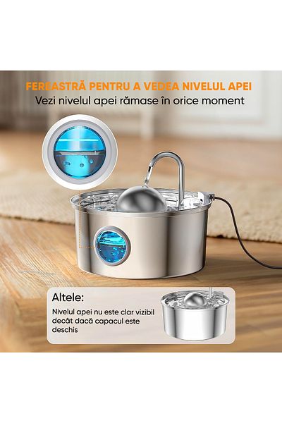 Elindor Dispenser De Apa Pentru Pisici Și Câini, 3,2 L, Silențios, Filtrare Cu Cărbune, Argintiu