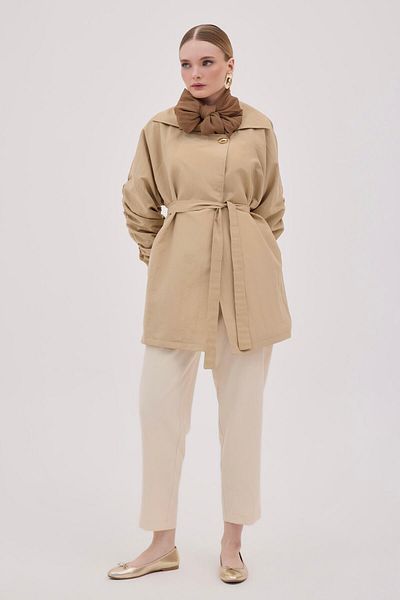 BİNAAR Sleeve and Back Drawstring Jacket Mink