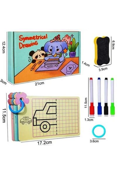 Step By Step Set 24 de planuri cu activități de desen în oglindă „Desen simetric”, reutilizabil, 3 markere lavabile, șablon