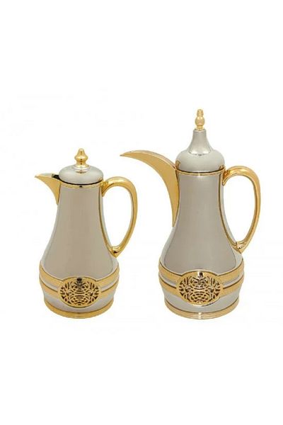BASURRAH Luxury Tea Thermos Set by Basurra - Chrome and Gold - 2 Pieces - 1 Liter Each