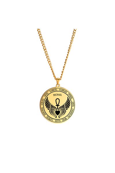 Viking Archangel Michael Necklace Men Women Salomon Wings Heart-Shaped Stainless Steel Chain Necklace