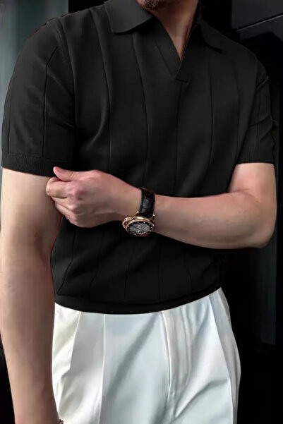 Tarz Cool Men's Matte Black Striped Short Sleeve Knitwear T-Shirt