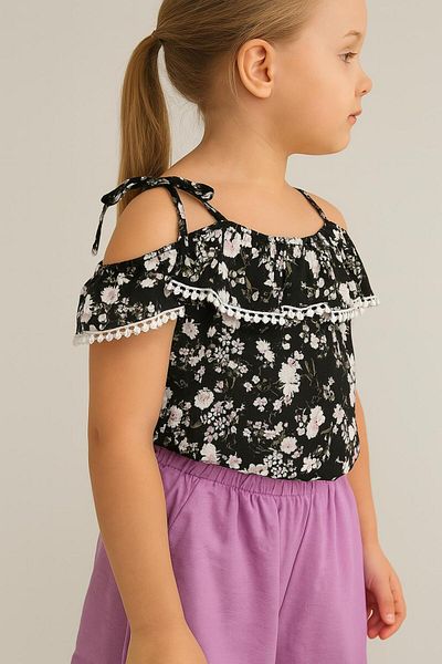 Esterella Girl's Viscose Floral Shorts Bottom-Top Set/ Ruffled Lacing Detail Shorts Set