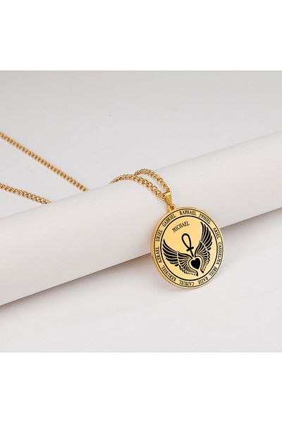 Viking Archangel Michael Necklace Men Women Salomon Wings Heart-Shaped Stainless Steel Chain Necklace
