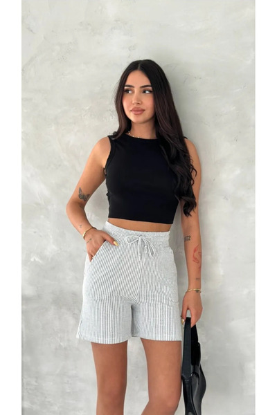 THIFF GYMWEAR Waterway Women's Striped Shorts with Side Pockets and Lace-Up Waist