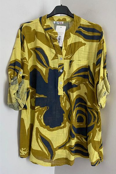 AYASOFYA OTANTIK Women's Italian Yellow Colored Patterned Button Detailed Folding Orphan Sleeve 100% Cotton Blouse Tunic