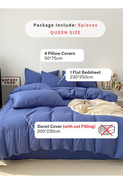 LUNA HOME Queen Size 6 Piece Bedding Set Without Filling, Washable Cotton Blue Color 200x230cm.