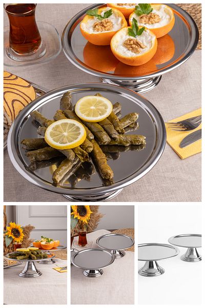 NEWTREND Züccaciye Luxury 2-Piece Round Silver Footed Cake, Cake, Cookie, Dessert, Treat, Dowry Presentation Serving Stand