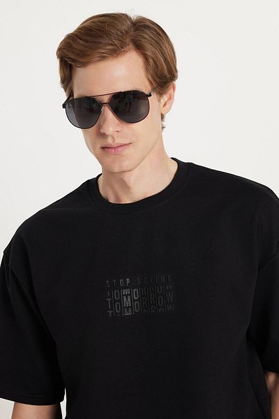 Tudors Ανδρικό μπλουζάκι Oversize Φαρδύ Βαμβακερό εμπριμέ με λαιμόκοψη μαύρο