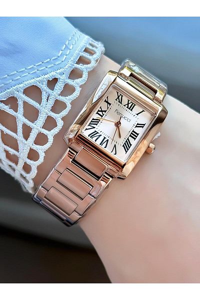 Ferrucci Milano Women's Wristwatch – Roman Numeral, Square Case, Rose Gold Metal Band
