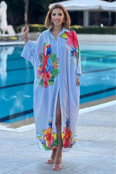 Nevin Kaya Moda Striped Boho Bird Print Loose Dress