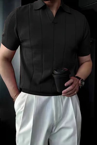 Tarz Cool Men's Matte Black Striped Short Sleeve Knitwear T-Shirt