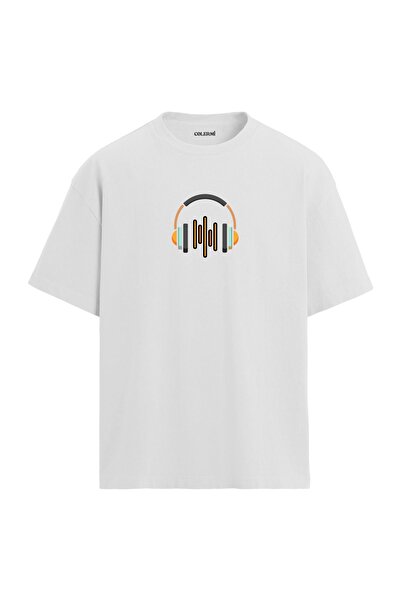 Colermi Oversize Gray T-Shirt - Headphone Sound Wave Printed 100% Cotton Fabric T-Shirt