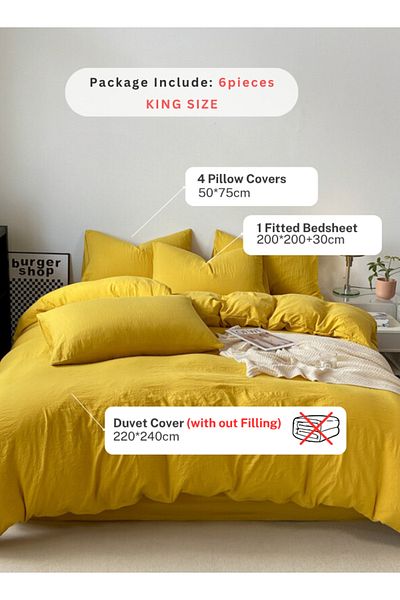LUNA HOME King Size 6 Piece Bedding Set Without Filling, Washable Cotton Yellow Color 220x240cm.