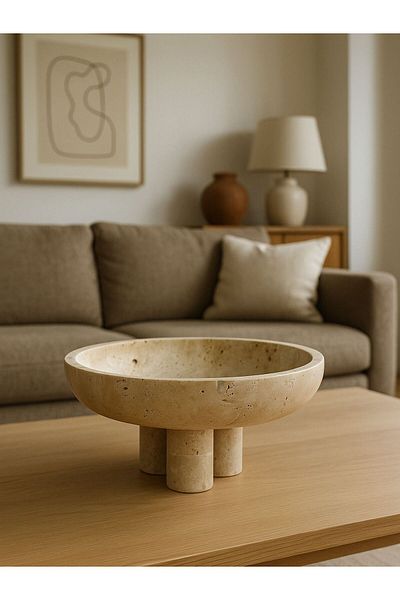 Modestmar Ivory Travertine Bowl, Travertine Decorative Bowl, Travertine Plate 26cm Cylinder Leg