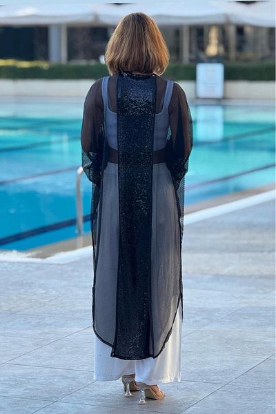 Nevin Kaya Moda Black Sequin Sequin Detailed Tulle Kimono - Pareo