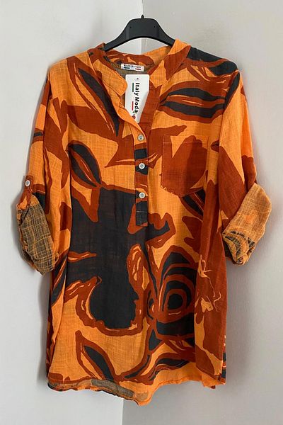 AYASOFYA OTANTIK Women's Italian Orange Colored Patterned Button Detailed Folding Orphan Sleeve 100% Cotton Blouse Tunic
