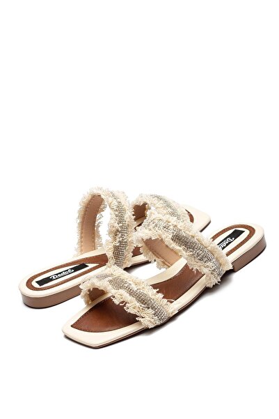 Dedos Women's Feather and Stone Detailed Open Slippers Beige 13050