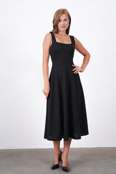 WOMAN VISION Black Crepe Fabric Square Neck Thick Strap Design Flared Cut Midi Dress 77141