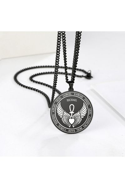 Viking Archangel Michael Necklace Men Women Salomon Wings Heart-Shaped Stainless Steel Chain Necklace