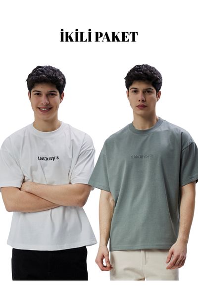 Black Elwis Double Pack Embroidery Detailed 100% Organic Cotton Crew Neck T-Shirt Thick Fabric Oversize