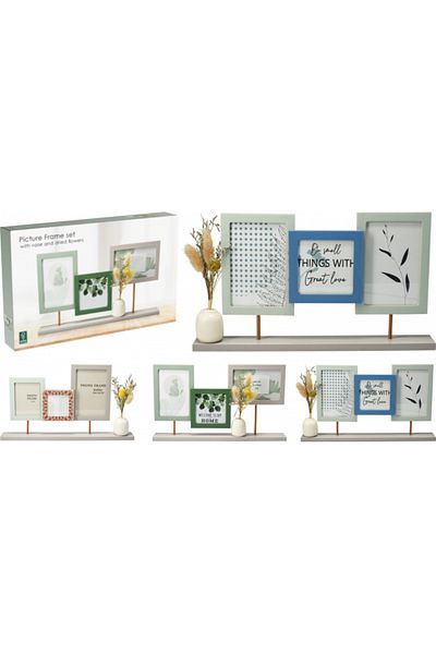 Koopman Set photo frames with wooden stand and vase with dried flowers