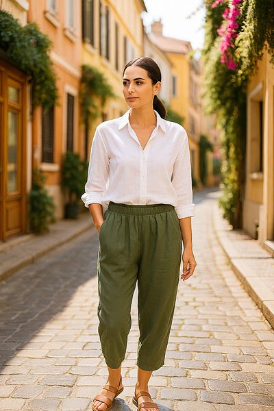 LaraLisa Women's Linen Trousers with Pleated Pockets