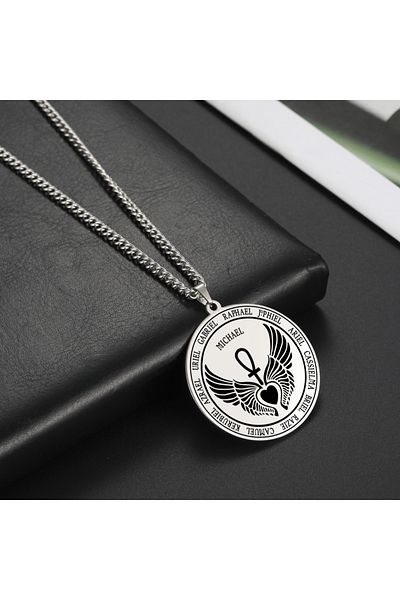 Viking Archangel Michael Necklace Men Women Salomon Wings Heart-Shaped Stainless Steel Chain Necklace