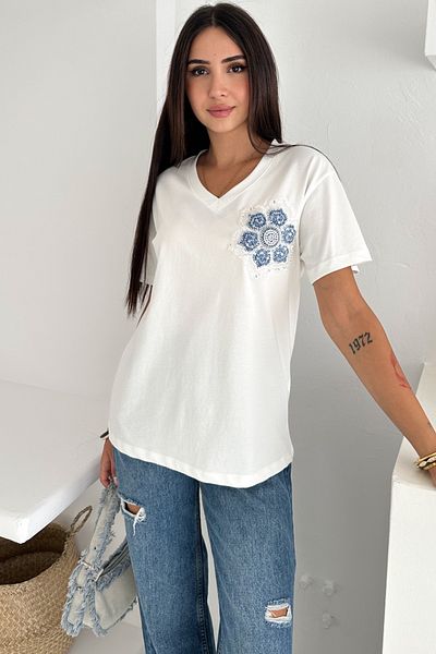 FEMELLE Tricou de damă din bumbac 100% brodat cu paiete albe și margele