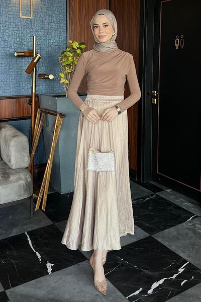 BİNAAR Stoned Kraş Satin Skirt Cream