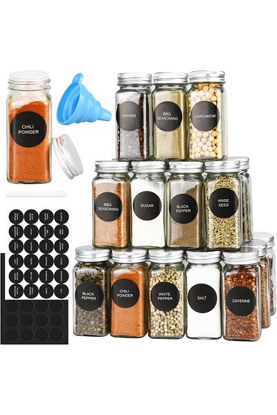 Saharaz 24 Glass Spice Jars,with Labels-4oz Empty Square Containers,with White Paint Pen Silicone Funnel