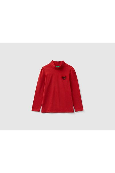 United Colors of Benetton Children's Long Sleeve High Neck Heart Print T-Shirt