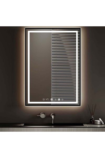 Marcello Funghi Bathroom LED Mirror Dimmable with Sensor, Anti-Fog, Clock and Temperature Display, Black Frame, 60x8